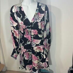 NWT THE KOOPLES Floral V-Neck Women's black & pink mini dress SIZE 2 (US 6) new